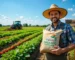 A farmer standing on a green farm holding a bag labeled '100% Organic Fertilizer', with a tractor spreading compost in the background and rows of healthy crops growing under a clear blue sky.