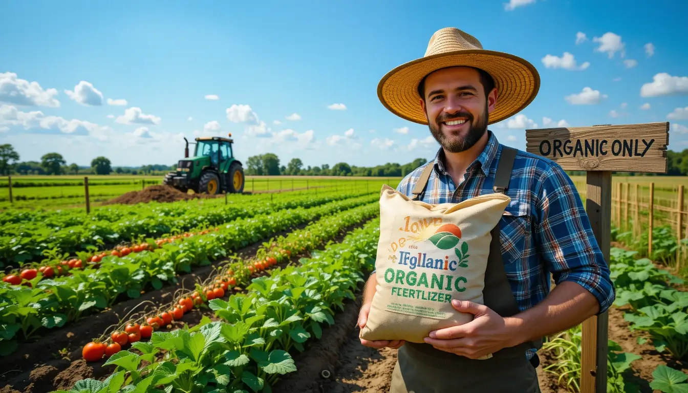 A farmer standing on a green farm holding a bag labeled '100% Organic Fertilizer', with a tractor spreading compost in the background and rows of healthy crops growing under a clear blue sky.