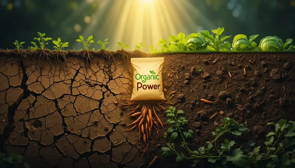 A split view showing dry, cracked soil on the left and rich, fertile earth on the right, with thriving vegetables and roots underground. A glowing 'Organic Power' fertilizer bag is placed in the center, symbolizing the transformation caused by natural compost.